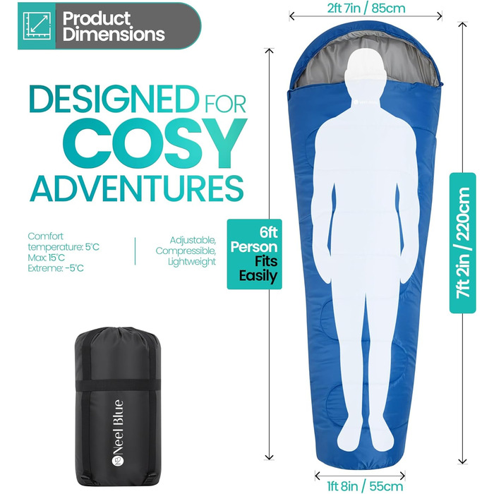 Спальний мішок Mumienschlafsack для дорослих - легкий, компактний, водонепроникний з капюшоном, 220x85см, теплий, пральний, для кемпінгу, походів, подорожей, зелений (королівський синій)