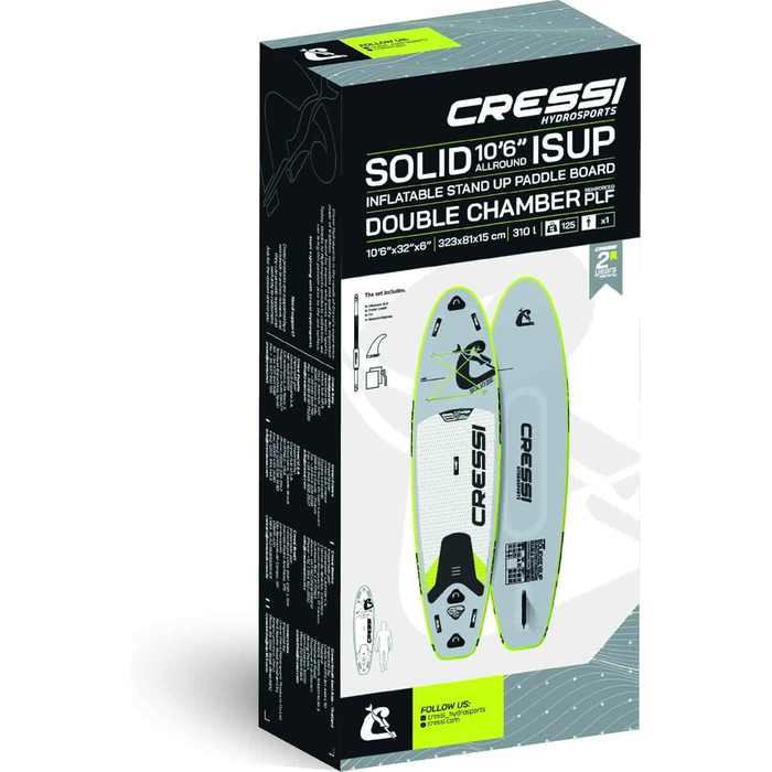Надувна SUP-дошка Cressi Isup 12'2'' комплект для дорослих, сіро-флуоресцентна, швидке накачування, повний набір аксесуарів