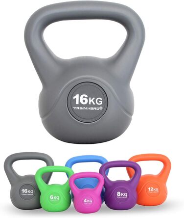 Гиря Train Hard 16 кг, сіра, студійна якість для силових тренувань, гімнастики та домашнього використання