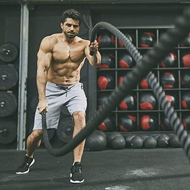 GORILLA SPORTS® Батл-канат 15 м, 38/50 мм, неслизькі ручки, нейлон, чорний – тренувальний канат для фітнесу, кросфіту, батл-роуп, для залу та спорту