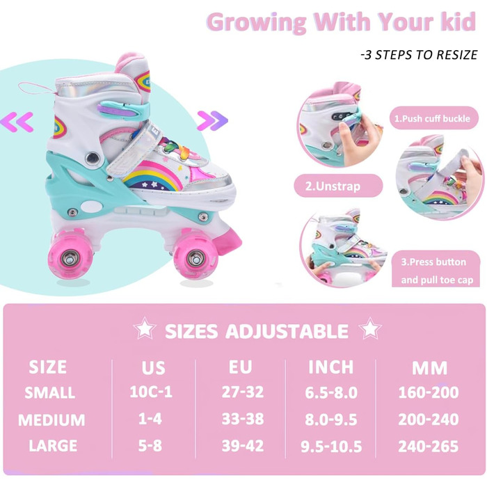 Ролики для дівчаток ERNAN регульовані, LED, для підлітків та початківців. 4 розміри, рожевий колір