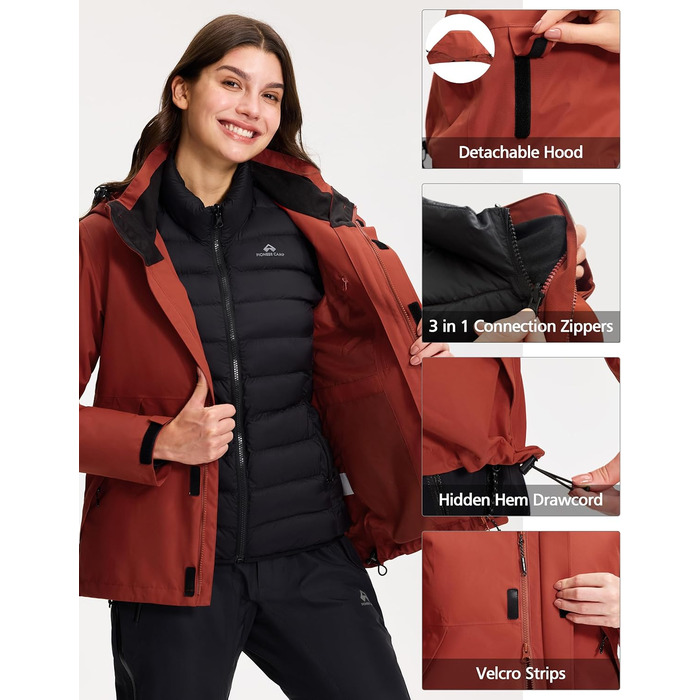 Жіноча зимова куртка Pioneer Camp 3 в 1 – гірськолижна куртка, сноуборд куртка, водонепроникна, дихаюча, з бавовняною підкладкою, Vermilion Red, XL