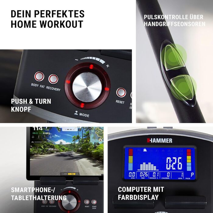Велотренажер HAMMER Cardio Motion BT для дому, з Bluetooth, тихий, зручний сідло, легкий вхід, підходить для літніх, тримач для планшета, 110x52x140 см