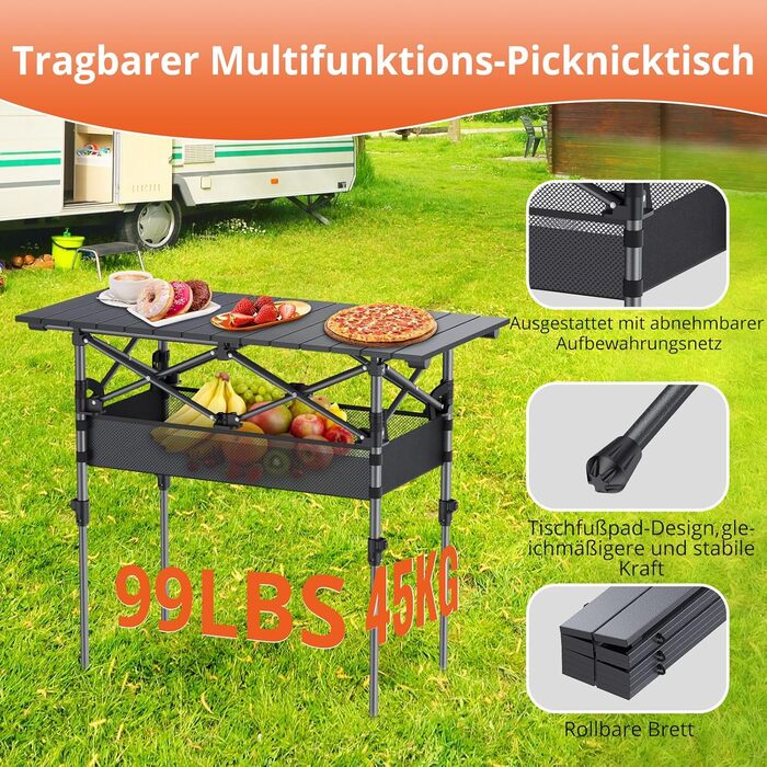 Складаний туристичний стіл Funyich 82x40 см з регулюванням висоти (44/70 см), з сітчастою кишенькою, для кемпінгу, пікніка, BBQ, саду