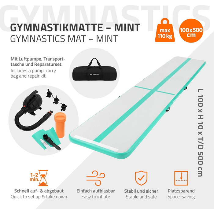 Гімнастичний мат Airtrack ECD Germany для тумблінгу та фітнесу, надувний мат для гімнастики 500x100x10 см, м'ятно-зелений, з електричним насосом та сумкою
