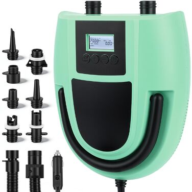 Електричний повітряний насос Sup 12V з автовимкненням, 20 PSI, дисплеєм та 7 насадками для човнів, матраців, басейнів (Зелений)