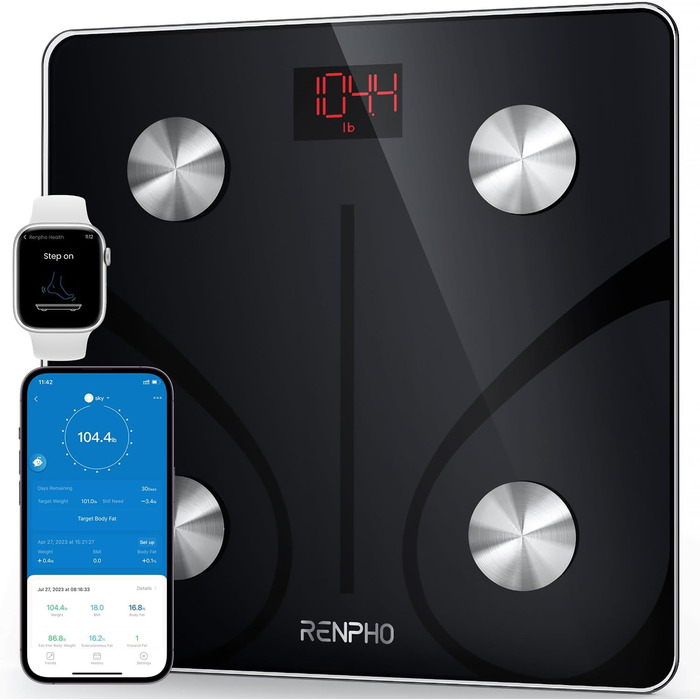 RENPHO Смарт-вага для аналізу складу тіла, Bluetooth, 180 кг, чорна, із додатком, визначає жирову масу, ІМТ, м’язову масу, білок, BMR, 280 мм
