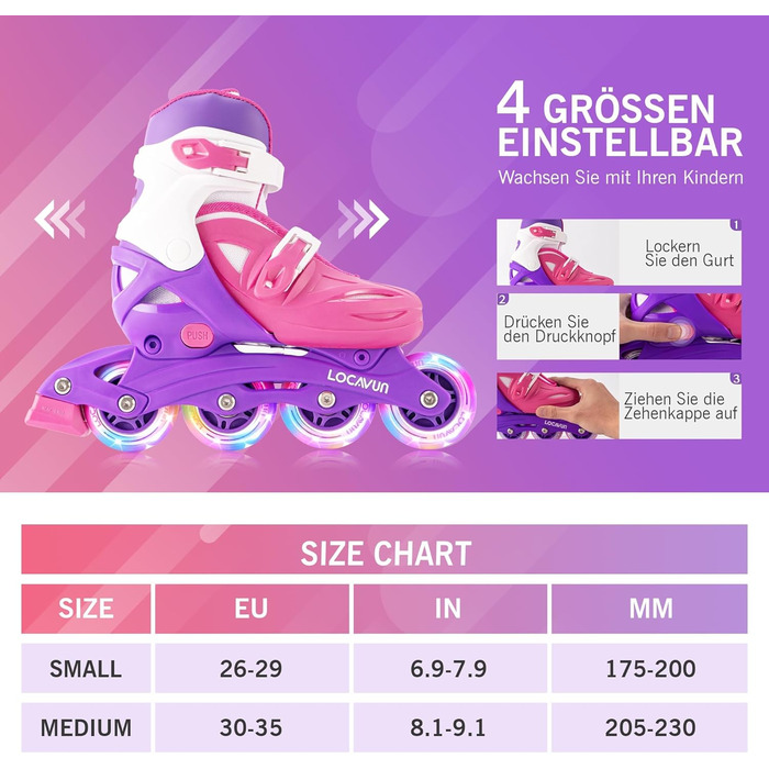 Дитячі ролики Inliner Kinder 36-40 EU, розміри 26-29, 29-34, 30-35, фіолетовий та червоний, PU колеса 82A