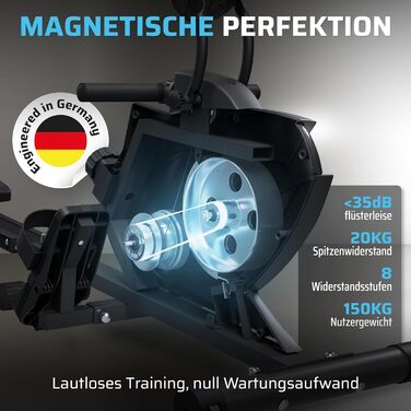 Гребний тренажер SportPlus для дому, складаний, з магнітним опором, чорний/чорний, до 150 кг, сумісний з додатком