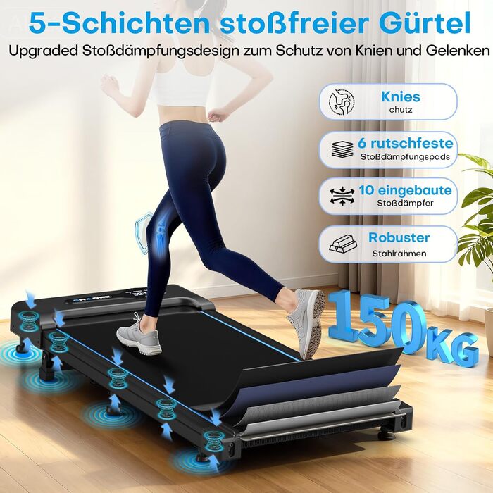 Ходунка CHAOKE з регулюванням нахилу 9%, біговий стіл для дому та офісу, потужний 2.75 PS мотор, до 150 кг, 12 HIIT-програм та пульт керування (чорний)