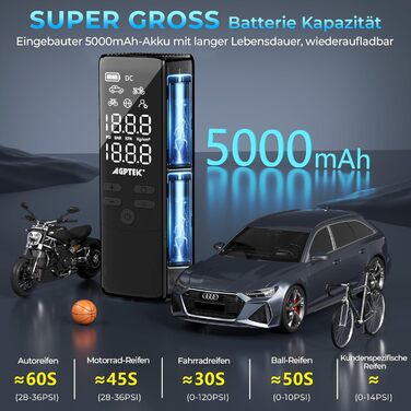 AGPTEK електричний насос-компресор 150PSI, 5000mAh, акумуляторний, 5 режимів, LED-підсвітка, авто-вимкнення, портативний для авто, велосипедів, мотоциклів та м'ячів