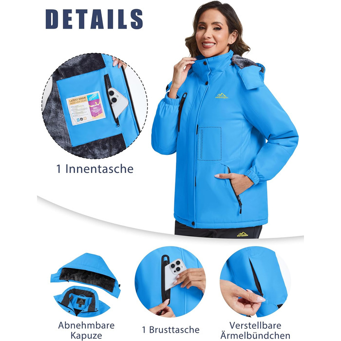 TACVASEN жіноча зимова куртка, водонепроникна, для активного відпочинку та катання на сноуборді, з флісовою підкладкою та знімним капюшоном, колір: блакитний, розмір XL