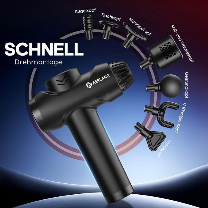 Масажер AERLANG з підігрівом та охолодженням: для зняття м'язового болю, 7 насадок, тиха робота, ідеальний подарунок для чоловіків (чорний)