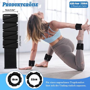 Набір манжет для ніг та рук BECOJADDE (0.45 кг/0.9 кг) – для фітнесу, йоги, пілатесу, ходьби, бігу. Регульовані вантажні манжети для жінок та чоловіків (Чорний, 1.8 кг пара)