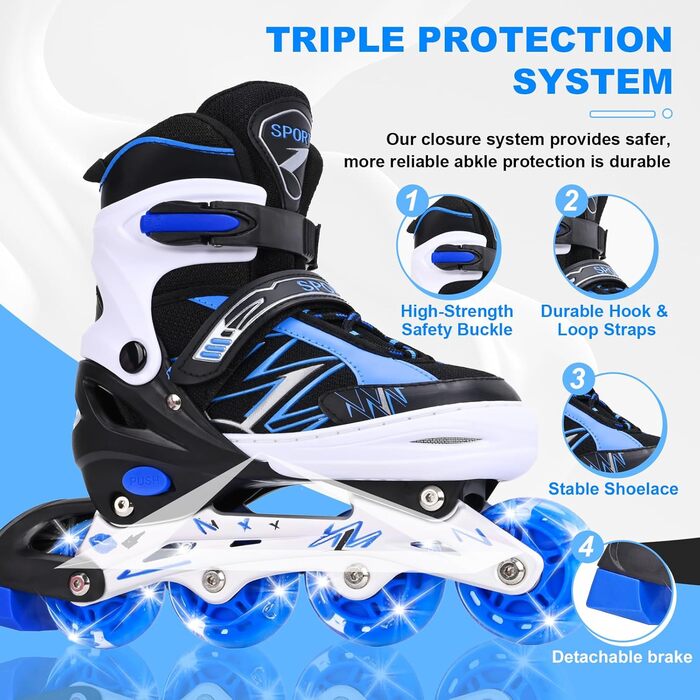 Регульовані дитячі ролики для катання на роликах, світлові колеса, чорно-синій колір, для хлопчиків та дівчаток