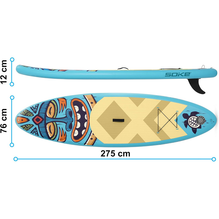 Надувний SUP-борд Soke Aquasurf 275x76x12 см - комплект з насосом, веслом, стропом та рюкзаком. Максимальне навантаження 85 кг