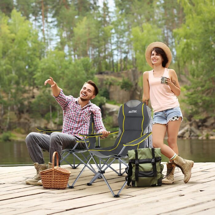 Зручний складаний стул для кемпінгу Outtec: 130 кг, висока спинка, підсклянник, сумка, зелений (сірий)