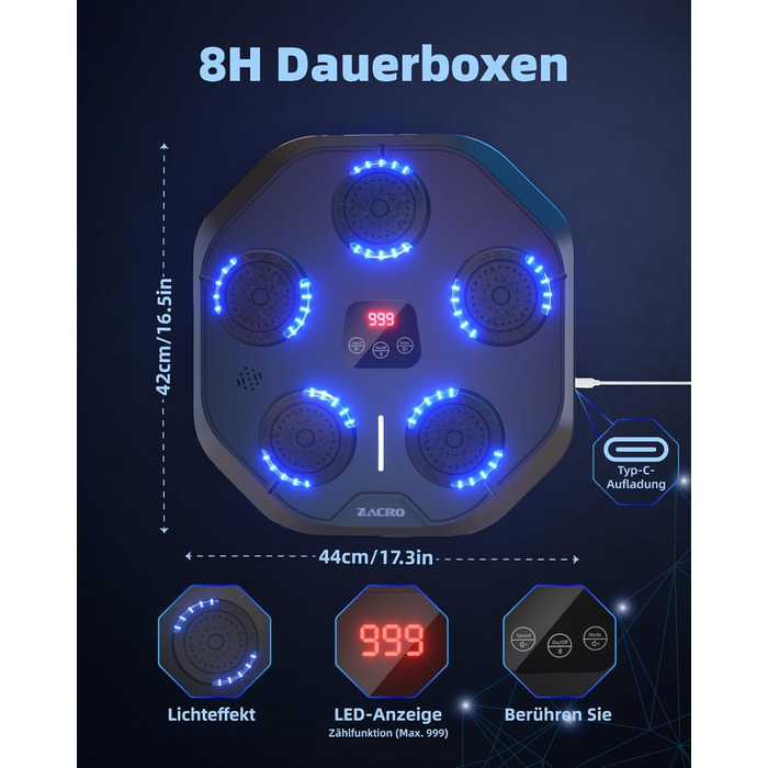 Музична боксмашина Zacro з LED-підсвіткою, розумна боксмашина, настінна, 9 режимів/швидкостей, з рукавичками та повязкою, чорна