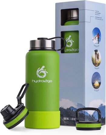 Гідрофляга hydro2go X-AlpsBottle 1 л, нержавіюча сталь, термос, вакуумна ізоляція, 3 кришки, для спорту та туризму, лаймова
