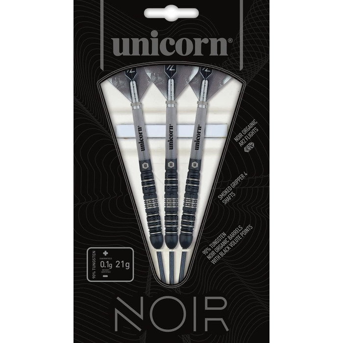 Універсальні дартс-стріли Unicorn Noir з сталевим вістрям, 90% вольфрам, чорне титанове покриття, Black Volute, вага 21-26 г