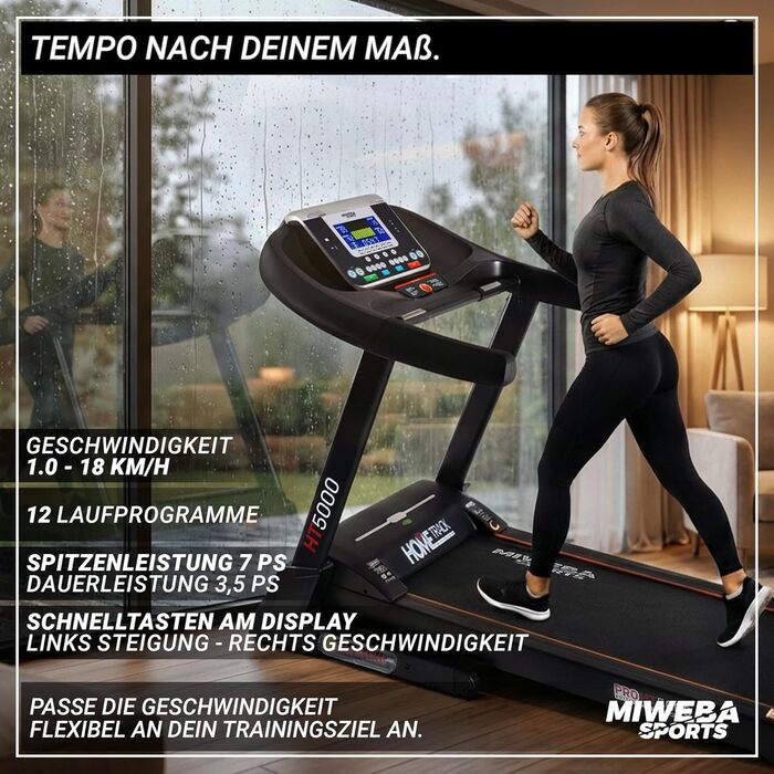 Електричний біговий тренажер Miweba Sports HT5000 | 7 PS, 18 км/год, нахил до 15%, вантажопідйомність 150 кг, з додатком, складаний, велика площа для бігу, 12 програм, для дому, чорний