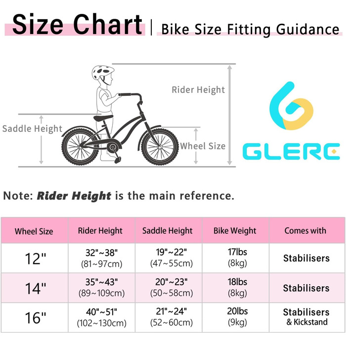 Дитячий велосипед Glerc Freesia 12/14/16 дюймів для дівчаток 2-7 років з додатковими колесами та підніжкою, різнокольоровий, круїзер для подарунка
