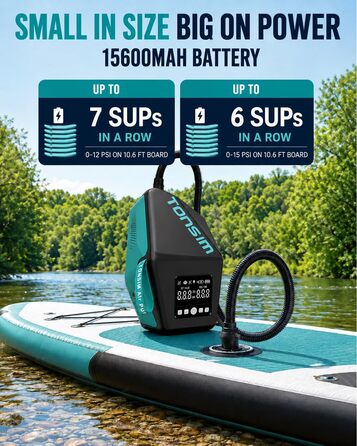 Електричний насос Tonsim Sup Pumpe 20 PSI з акумулятором для SUP-дощок, каяків, надувних човнів та кемпінгу (чорно-сірий)