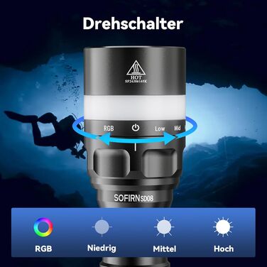 Sofirn SD08 водонепроникний ліхтар-підводний світильник LED, 3200 люмен, з LED-індикатором позиції, 4 режими, IPX8, для дайвінгу, підводної фотографії та повсякденного використання