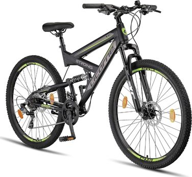 Гірський велосипед Licorne Bike Strong 2D Premium 27,5 дюймів, для хлопців, дівчат, жінок і чоловіків, з дисковими гальмами, 21 швидкість, повна амортизація, чорний/лайм