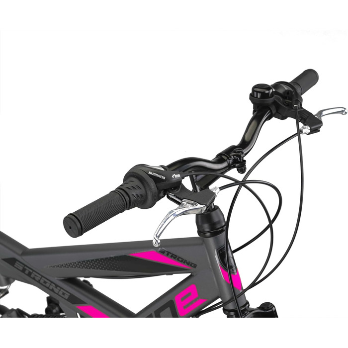 Гірський велосипед Licorne Bike Premium Strong V 24/26 дюймів для хлопців, дівчат, жінок і чоловіків, 21 швидкість, повна амортизація, антрацит/рожевий, 24 дюйми