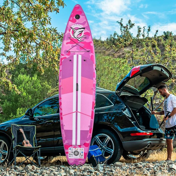 Надувний SUP (Stand Up Paddle Board) з кріпленням для камери, рожевий, 330x76x15 см, до 150 кг, з насосом та рюкзаком