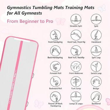 Надувна гімнастична мат для тренувань VOFiTNY (10/20 см товщина, 3/4/5/6 м довжина) для дому, парку та йоги (рожева)