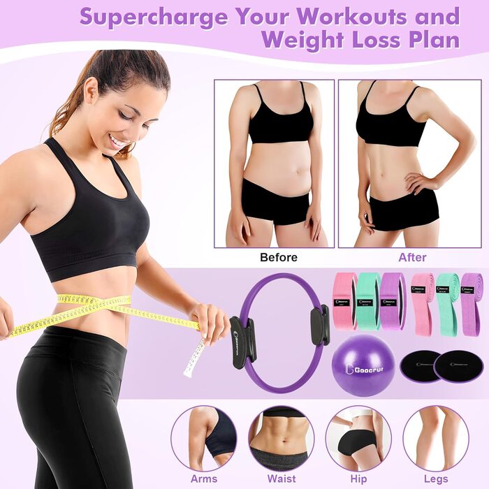 Набір для пілатесу: кільце, еластичні стрічки, м'яч, диски для ковзання. Комплект для фітнесу вдома з інструкцією. (Чорний, посилений, фіолетовий)