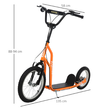 Дитячий самокат HOMCOM від 5 років Kick Scooter City Scooter з пневматичною шиною 16 дюймів Передній 12 дюймів Задній Помаранчевий 135x58x88-94 см