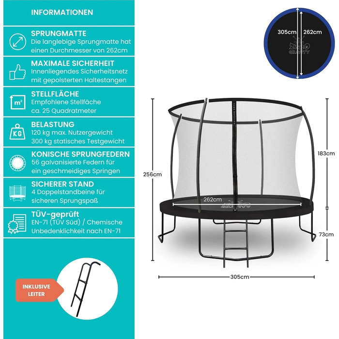 Батут Zero Gravity Outdoor Ø 183/244/305/366/427 см, TÜV GS, комплект з драбиною, відеоінструкція, Ultima 4 моделі Ø 305 см, чорний
