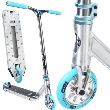 Трюковий самокат CORE Stunt-Scooter 110мм, ABEC 9, для дітей та дорослих (від 5 років), регульована висота 78-96см, сріблясто-бірюзовий + стікер Fantic26