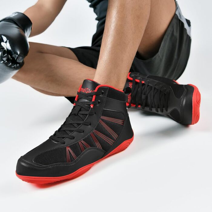 Чоловічі боксерські та борцівські кросівки DimaiGlobal. Кросівки для єдиноборств, фітнесу, кікбоксингу, карате, тхеквондо, важкої атлетики. Розмір 45 EU, чорно-червоні.