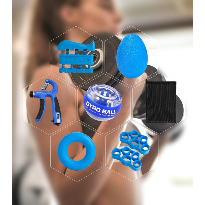 Набір для зміцнення кистей рук та передпліч (8 шт) Hand Grip Strengthener: регульовані тренажери, розтяжка для пальців, гіроскопічний м'яч (синій)