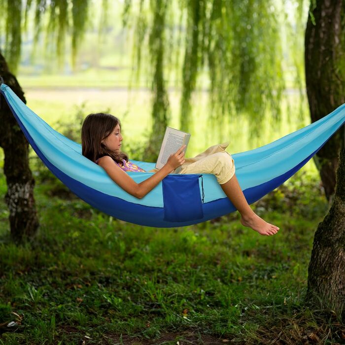 Гамак для кемпінгу на 2 особи, 300 x 200 см, з сумкою, для саду, балкону, відпочинку, блакитний/зелений