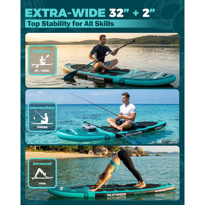 Надувне SUP дошка Skatinger 335 x 86,4 см, 190 кг, для 2 осіб, з веслом та ременем, зелена