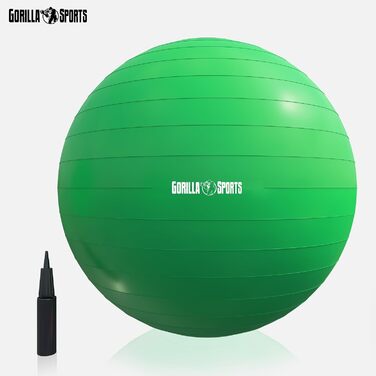 Гімнастичний м'яч GORILLA SPORTS 75 см, зелений, анти-вибуховий, до 500 кг, для фітнесу, йоги, офісу, з насосом