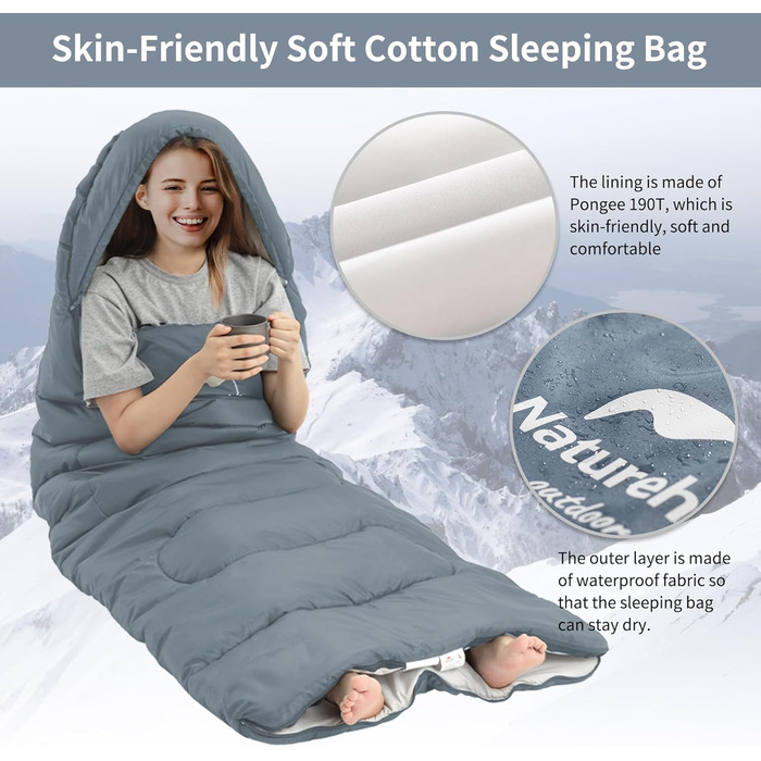 Спальний мішок Naturehike з капюшоном для кемпінгу, легкий та зручний, ідеальний для відпочинку на природі та подорожей, колір блакитний (7~11°C)