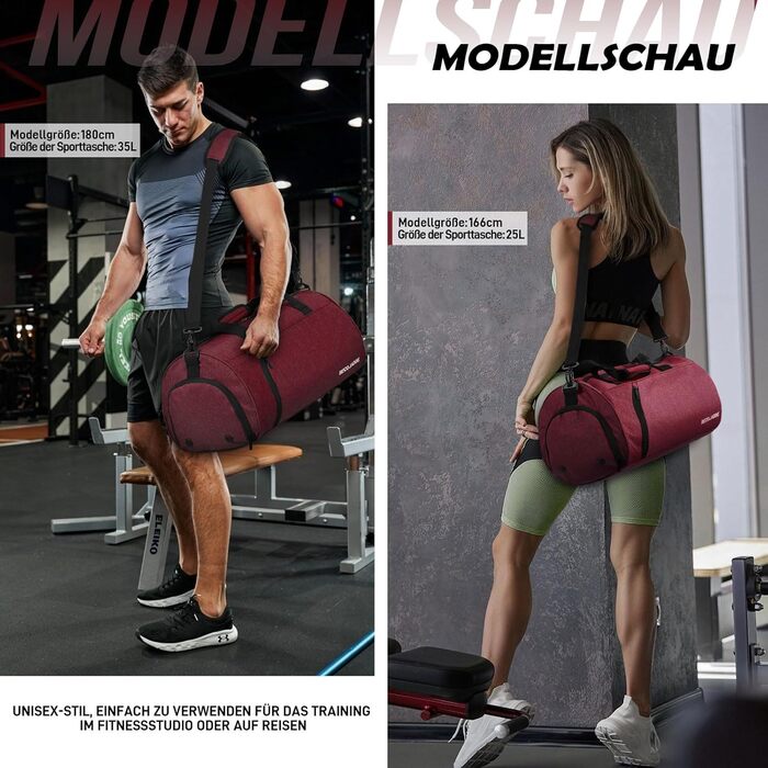 Спортивна сумка 35л для жінок і чоловіків, дорожня duffel-сумка з відділенням для взуття та вологих речей, водонепроникна ручна поклажа для спорту, фітнесу, басейну, колір бордовий