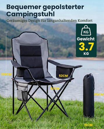 Складане кемпінгове крісло YEAUPE PRO X-Large, посилене, комфортне з м'якою підкладкою, витримує до 150 кг