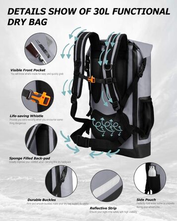 Водонепроникний рюкзак IDRYBAG 30L з PVC, для каякінгу, кемпінгу та подорожей (сірий)