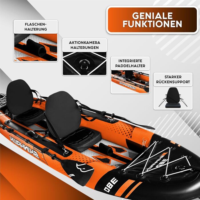 Надувний каяк SKINHAWK Exclusiv Orange 380x96 см для 2 осіб, комплект для сплаву, помаранчевий каное-шлюпка