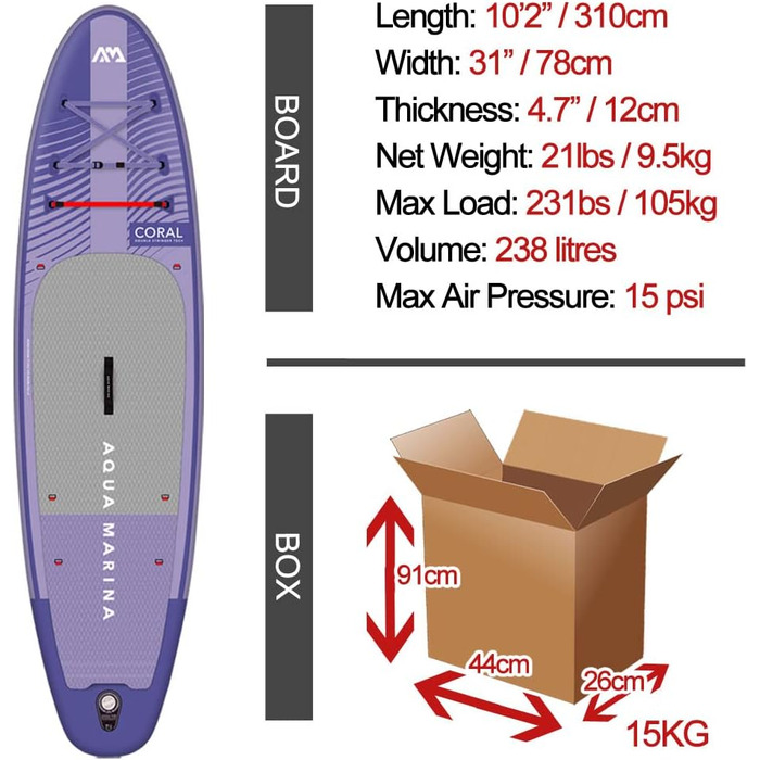 Надувна SUP-дошка Aqua Marina Coral 310 см, фіолетова, для веслування стоячи