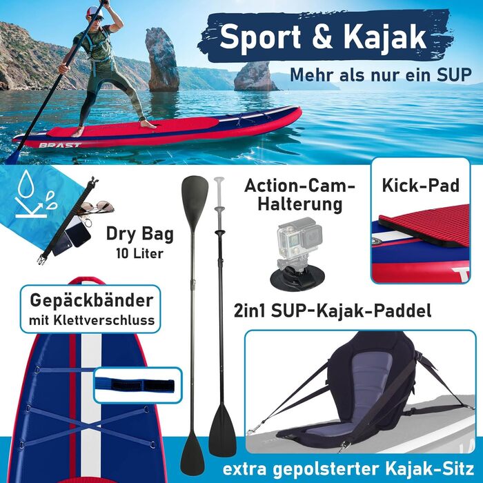 SUP Board BRAST Shark надувний, 320x81x15 см, комплект: весло, сидіння для каяка, тримач для камери, насос, рюкзак, блакитний