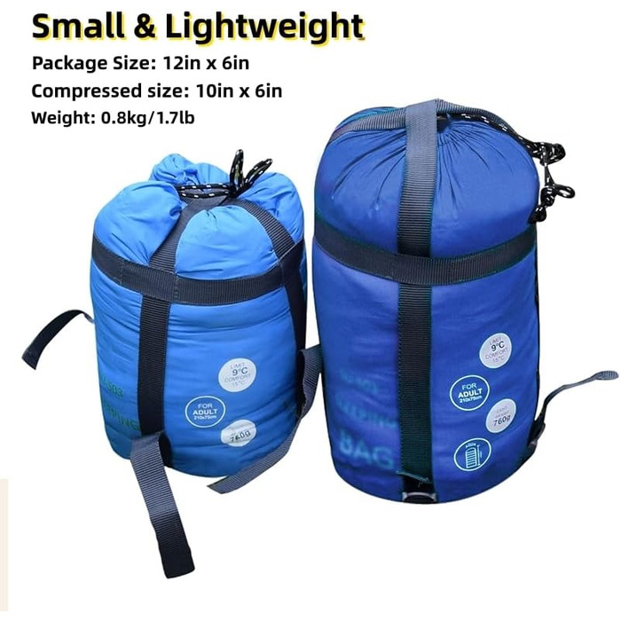 Спальний мішок для кемпінгу – 3 сезони, теплий та холодний клімат, легкий, простий у використанні, з компресійним мішком для дорослих та дітей, блакитний