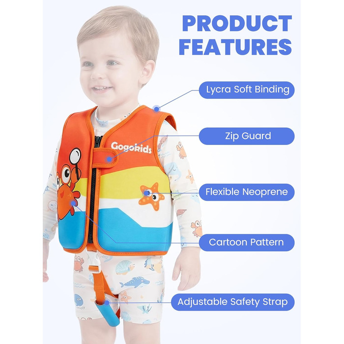 Спасальний жилет для плавання Gogokids для дітей 15-30 кг, помаранчевий, 5-8 років